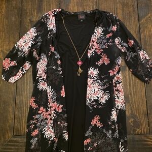 Black Dress And Floral Kimono And Necklace